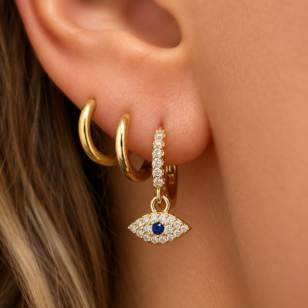 dangling evil eye mini hoops