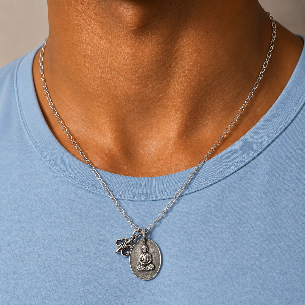 fleur de lis x buddha mens necklace