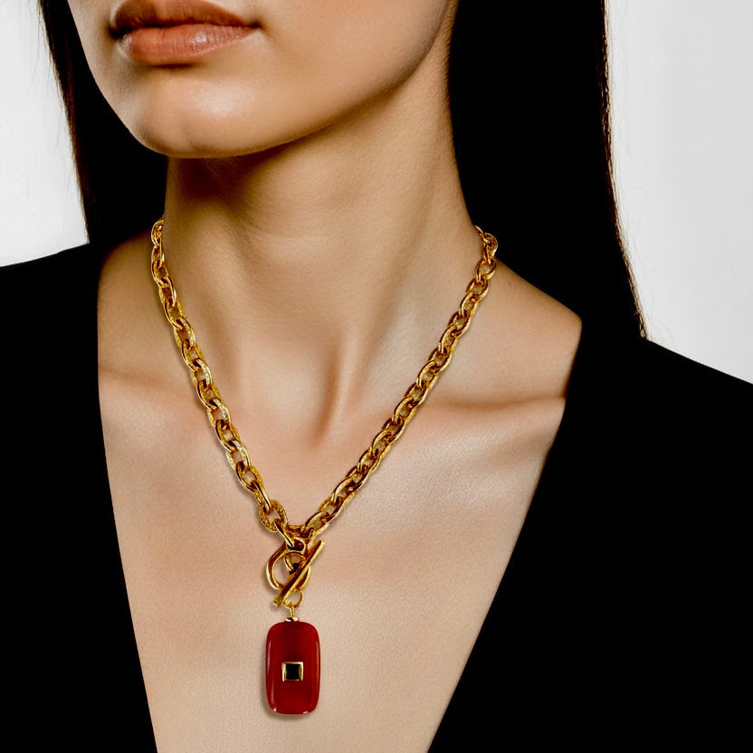 oblong carnelian and vintage chain necklace