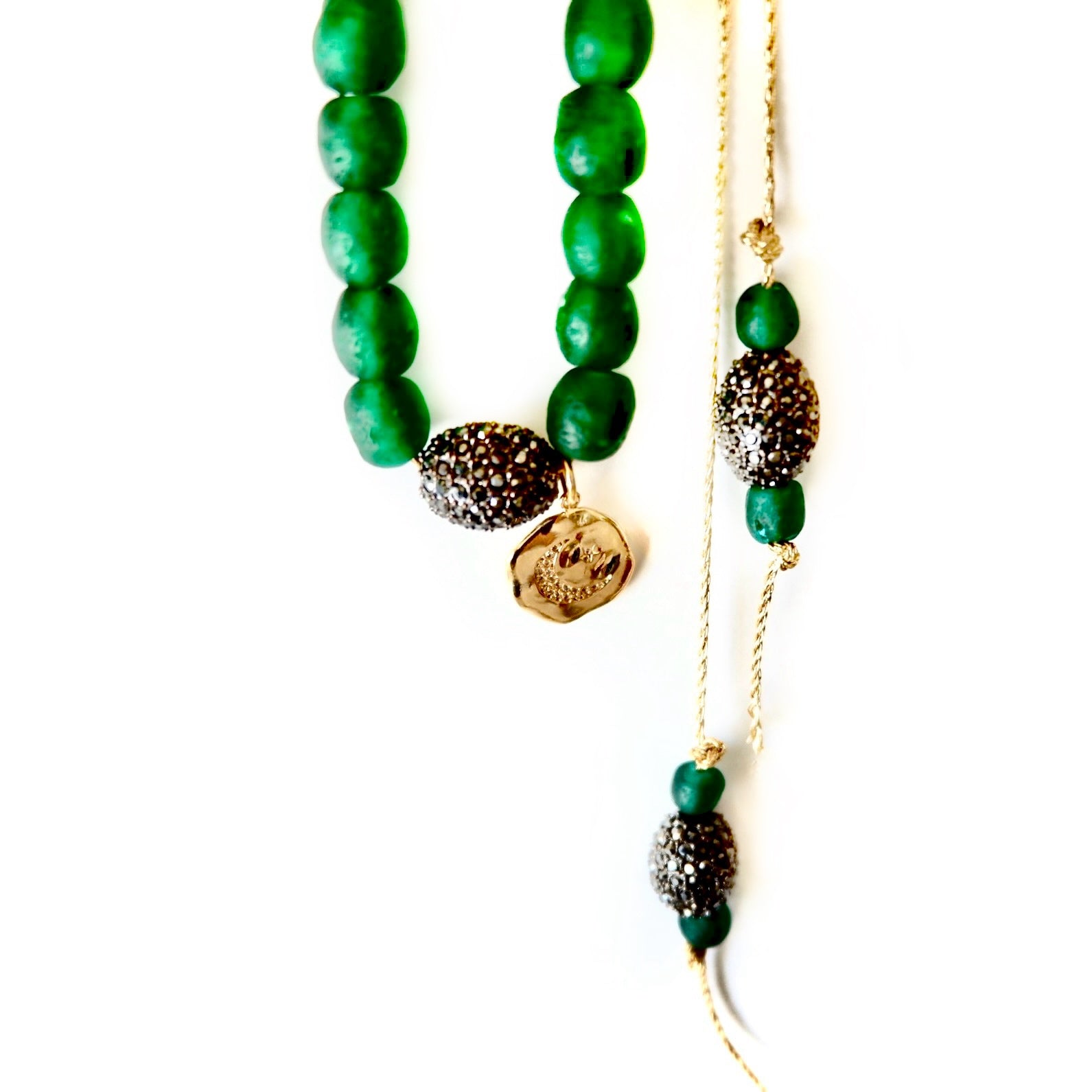 vintage glass on gold strings necklace