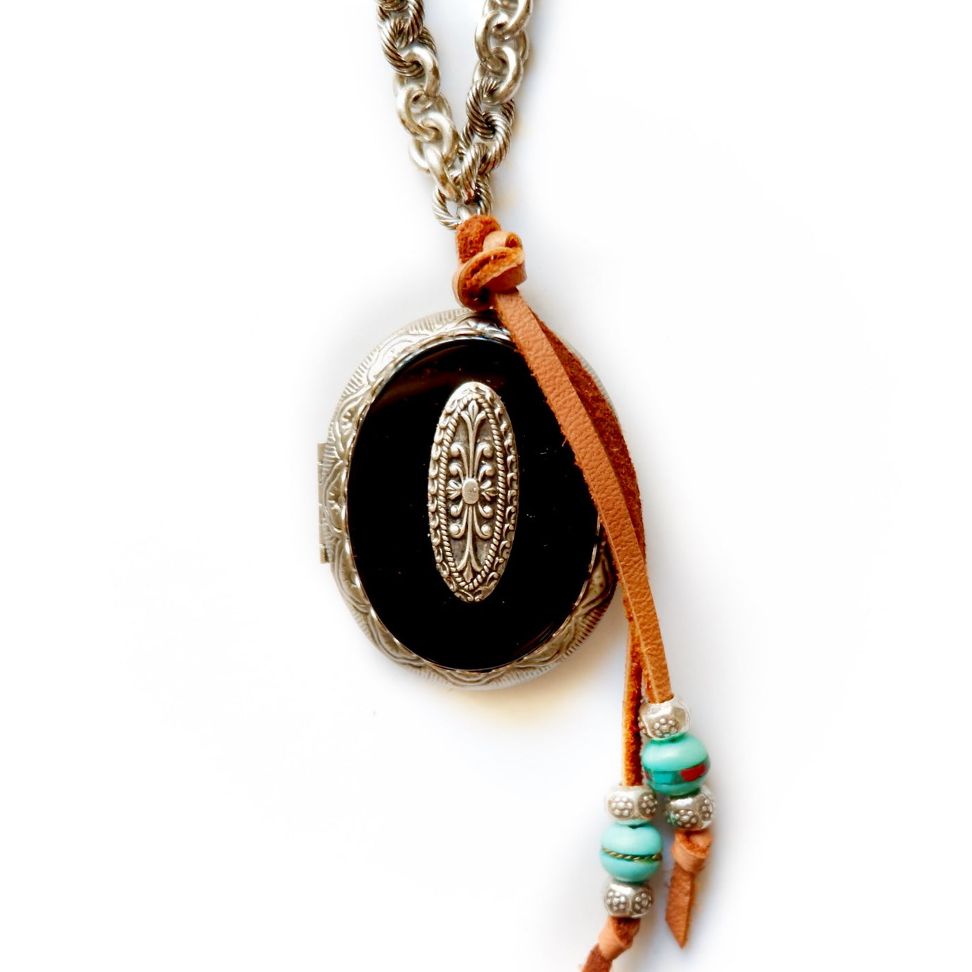 black oval locket silver necklace