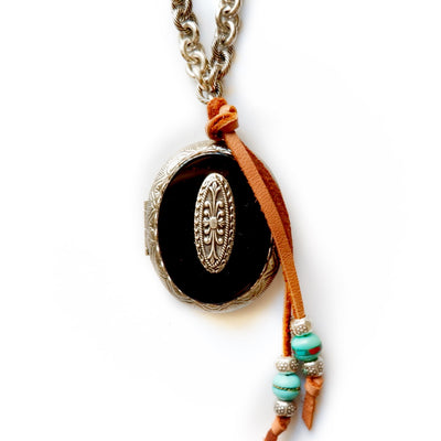 black oval locket silver necklace