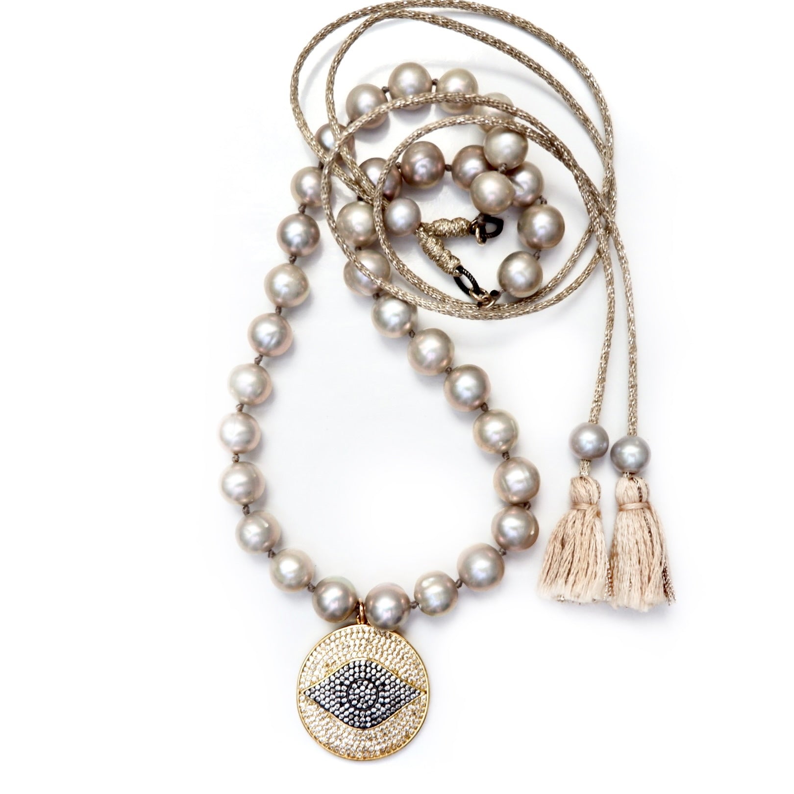 my grey pearl evil eye necklace