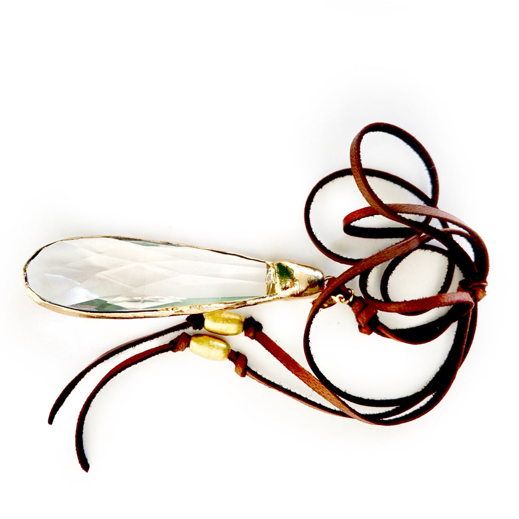 large crystal drop and leather necklace
