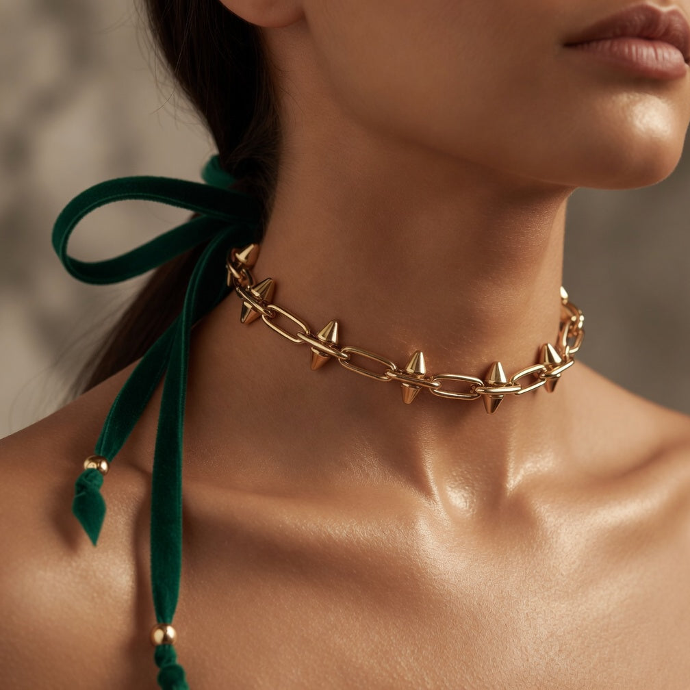 gold spikes choker necklace