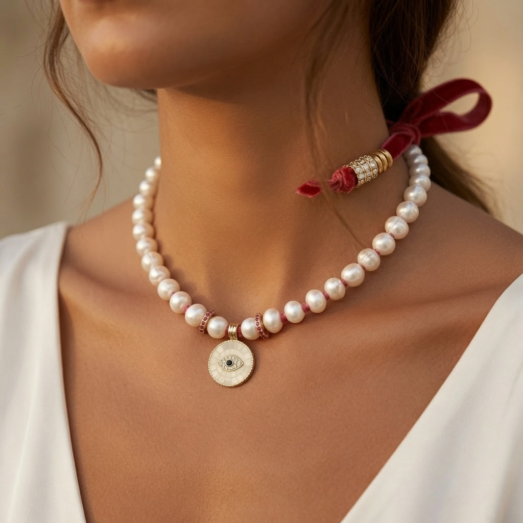 eye x pearl ribbon choker necklace