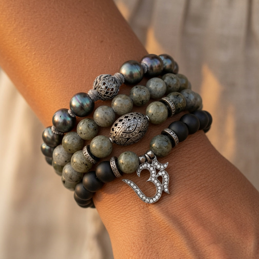 hematite pave diamond om bracelet