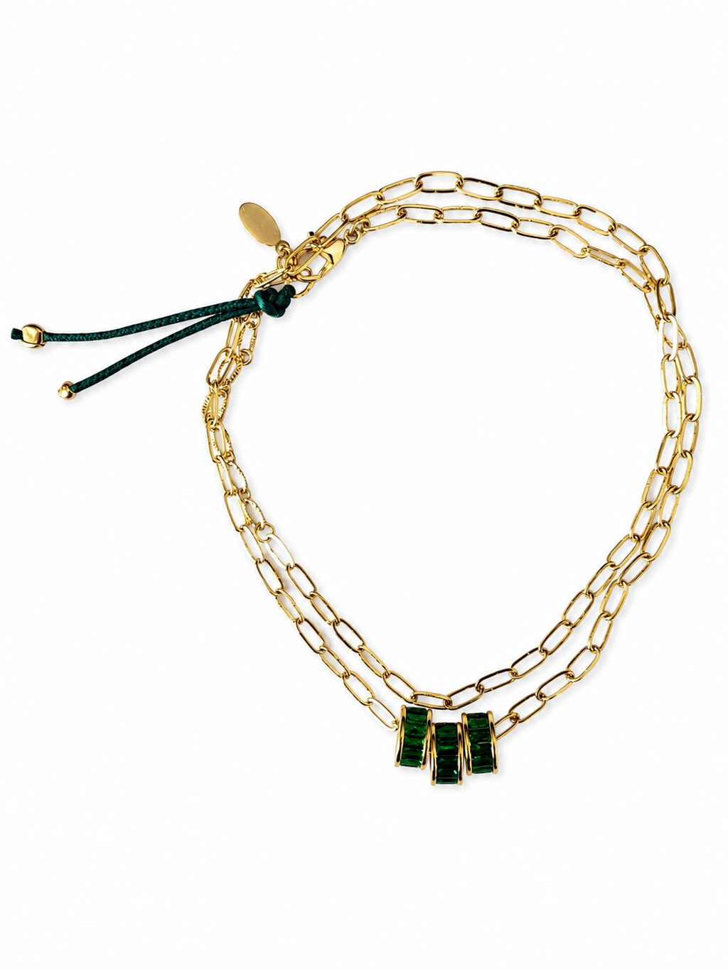 three emerald rings x link chain necklace