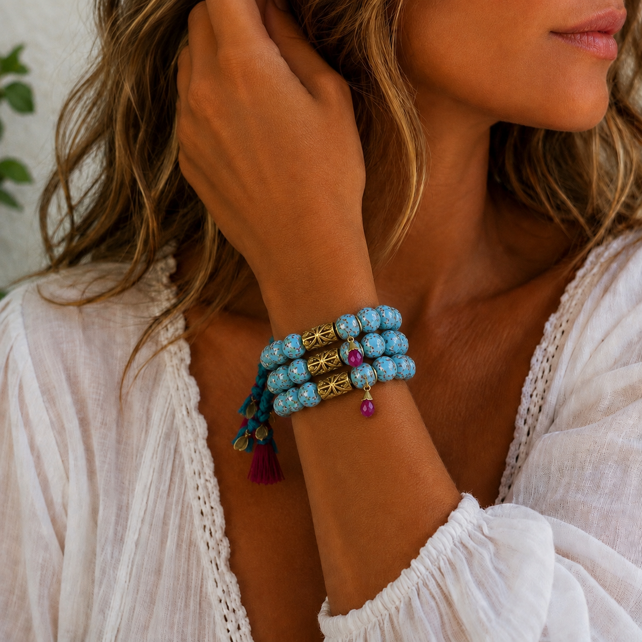 turquoise hand painted x tassel bracelet