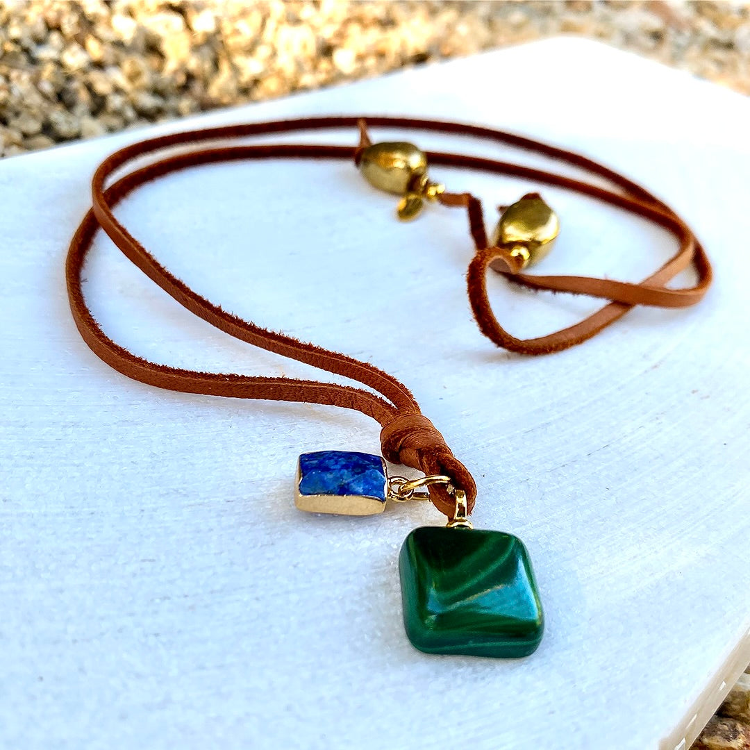 malachite and lapis leather choker