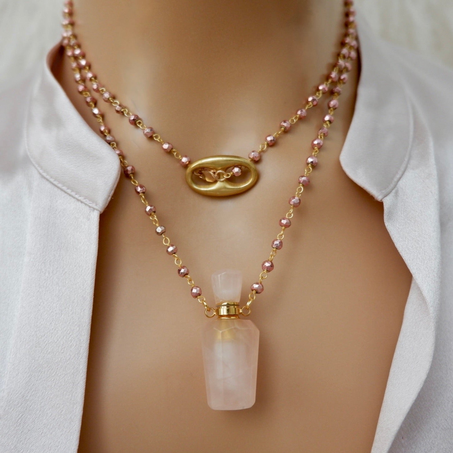 rose quartz perfume bottle necklace