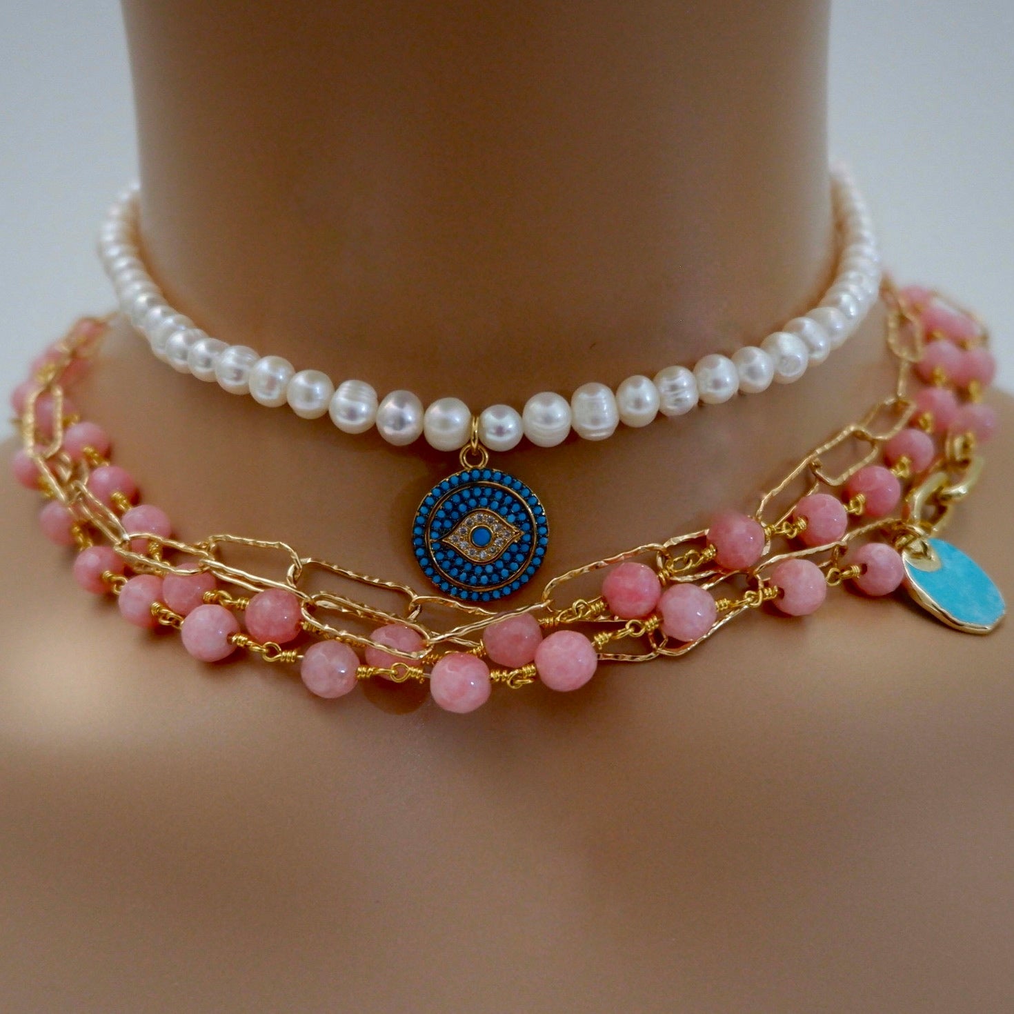 blush gemstones and chain necklace