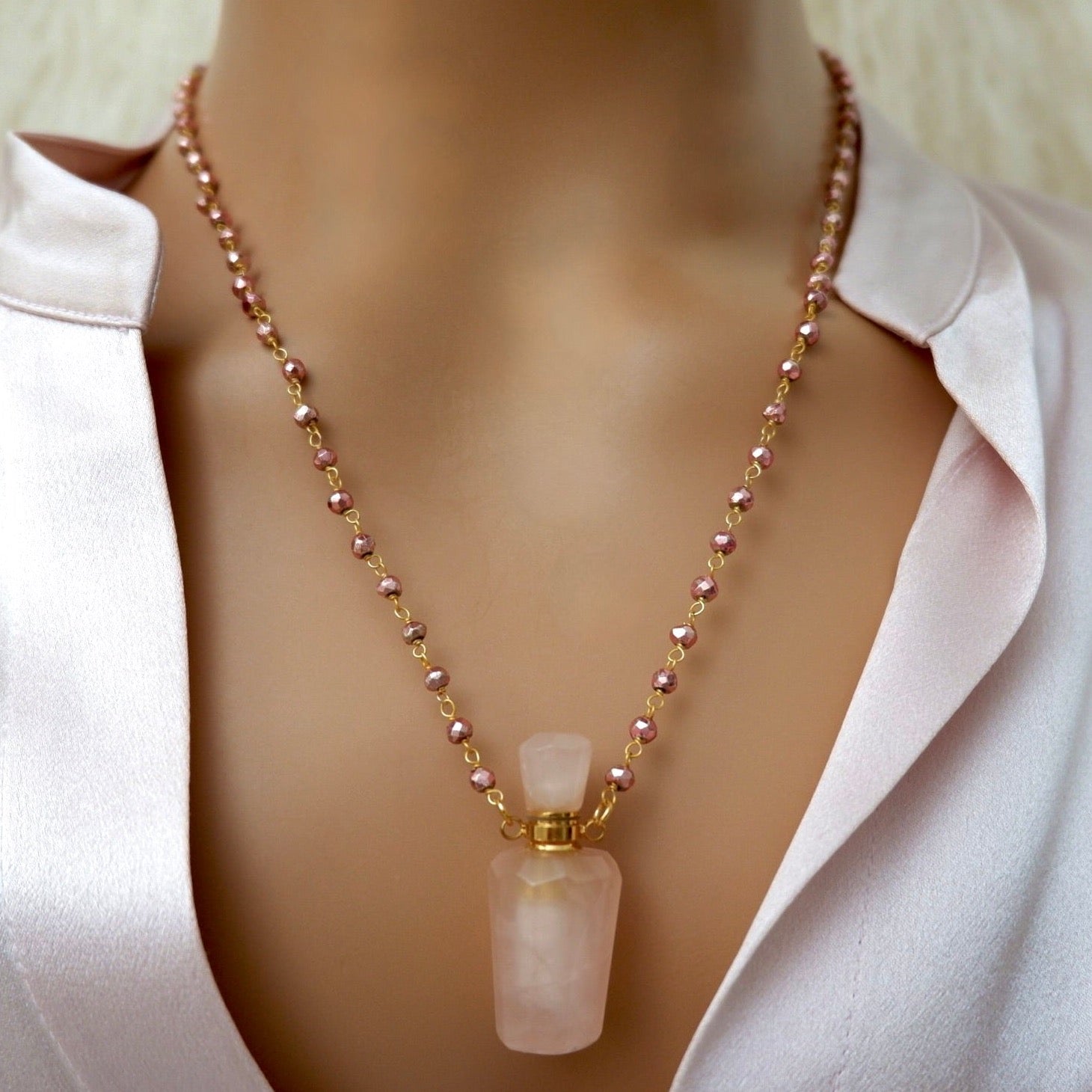 rose quartz perfume bottle necklace