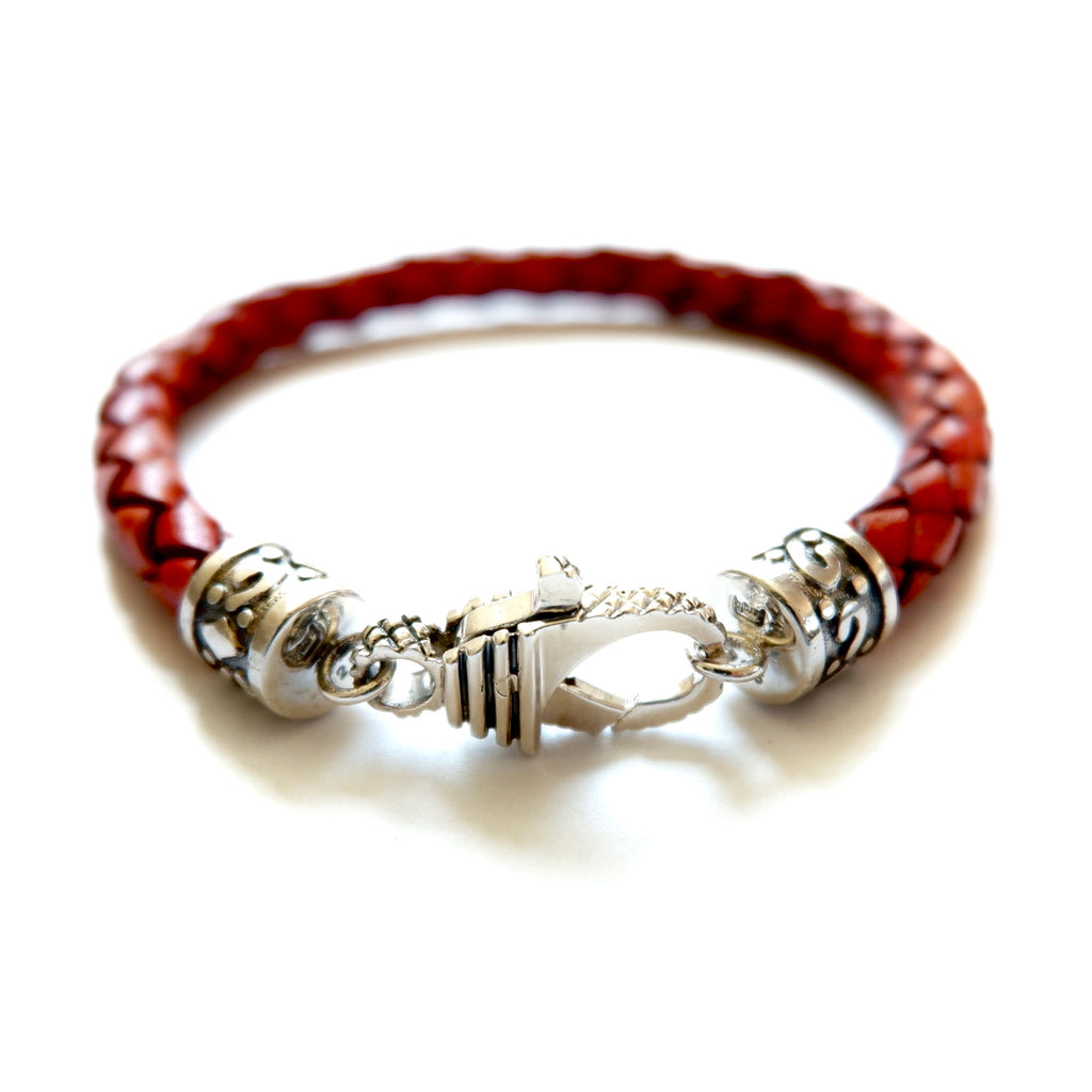 red woven leather mens bracelet