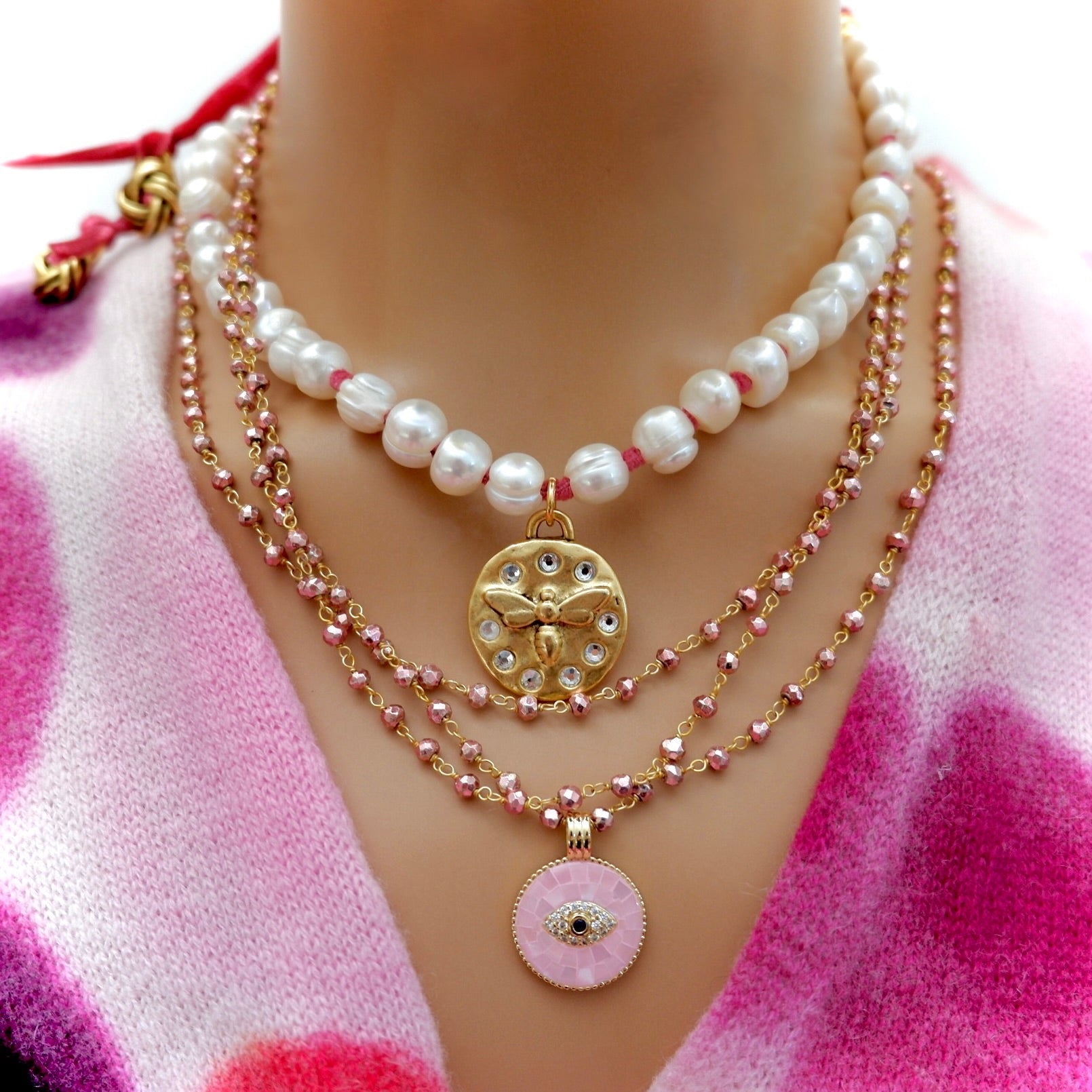 pink shimmer pyrite necklace