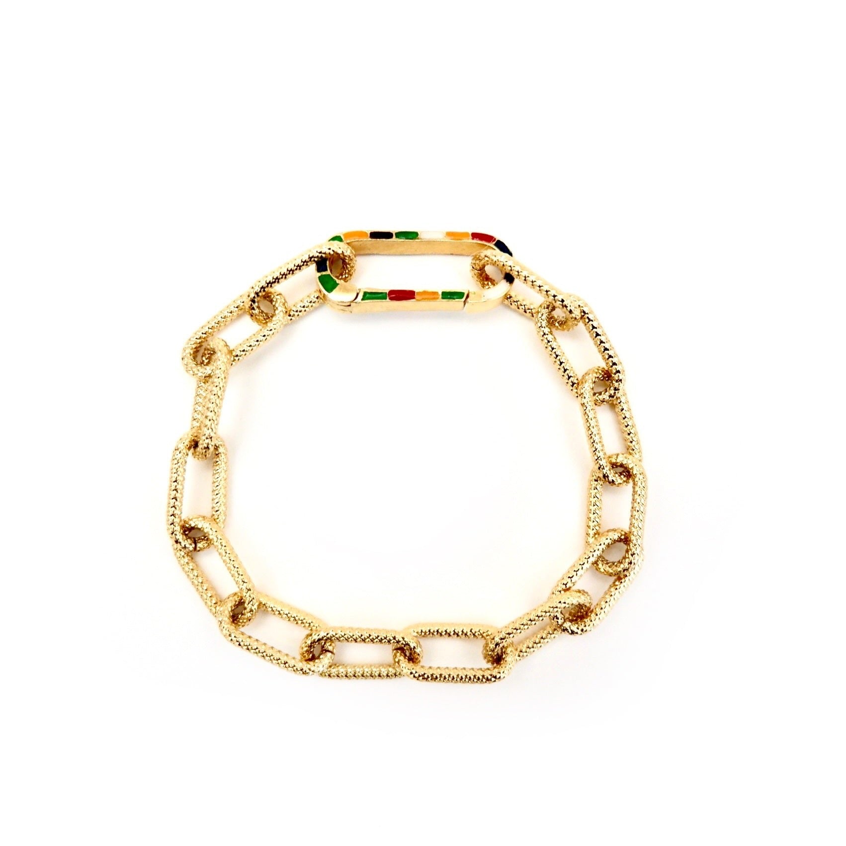 gold link and rainbow enamel clasp bracelet