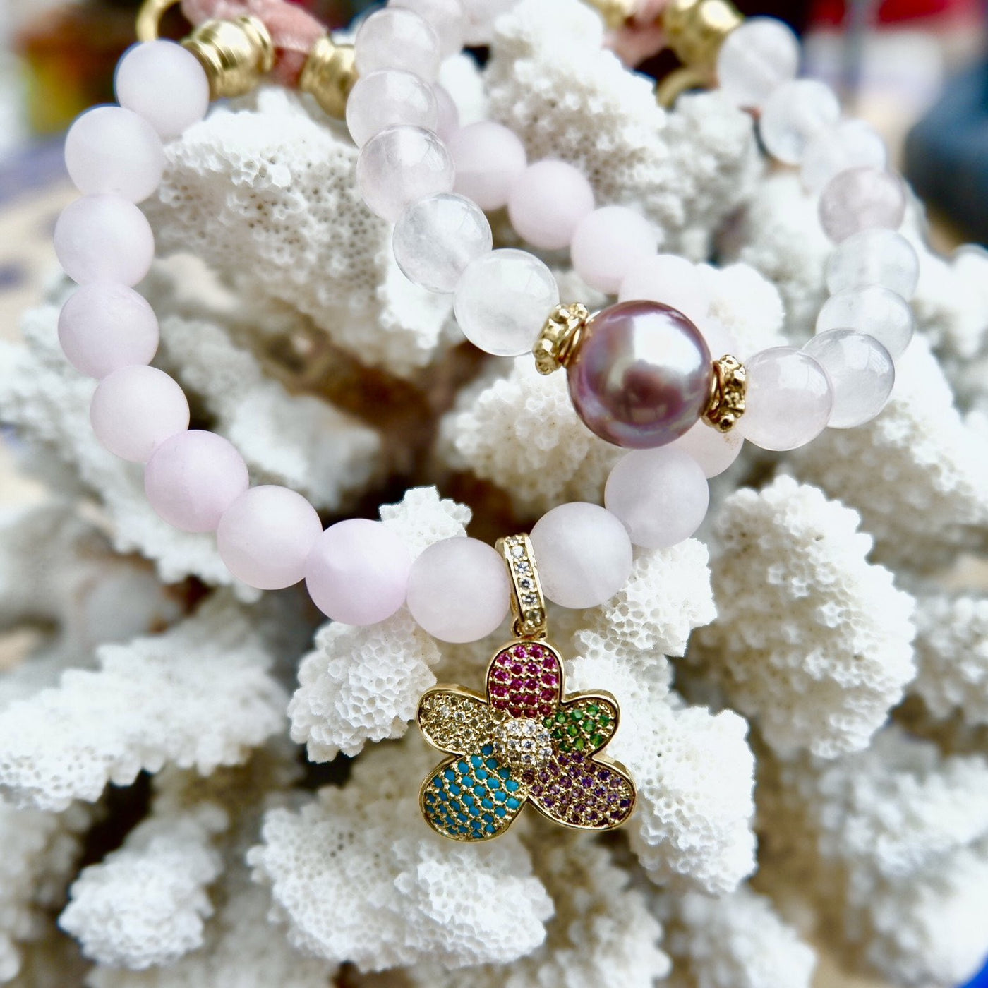rose quartz pearl bracelet