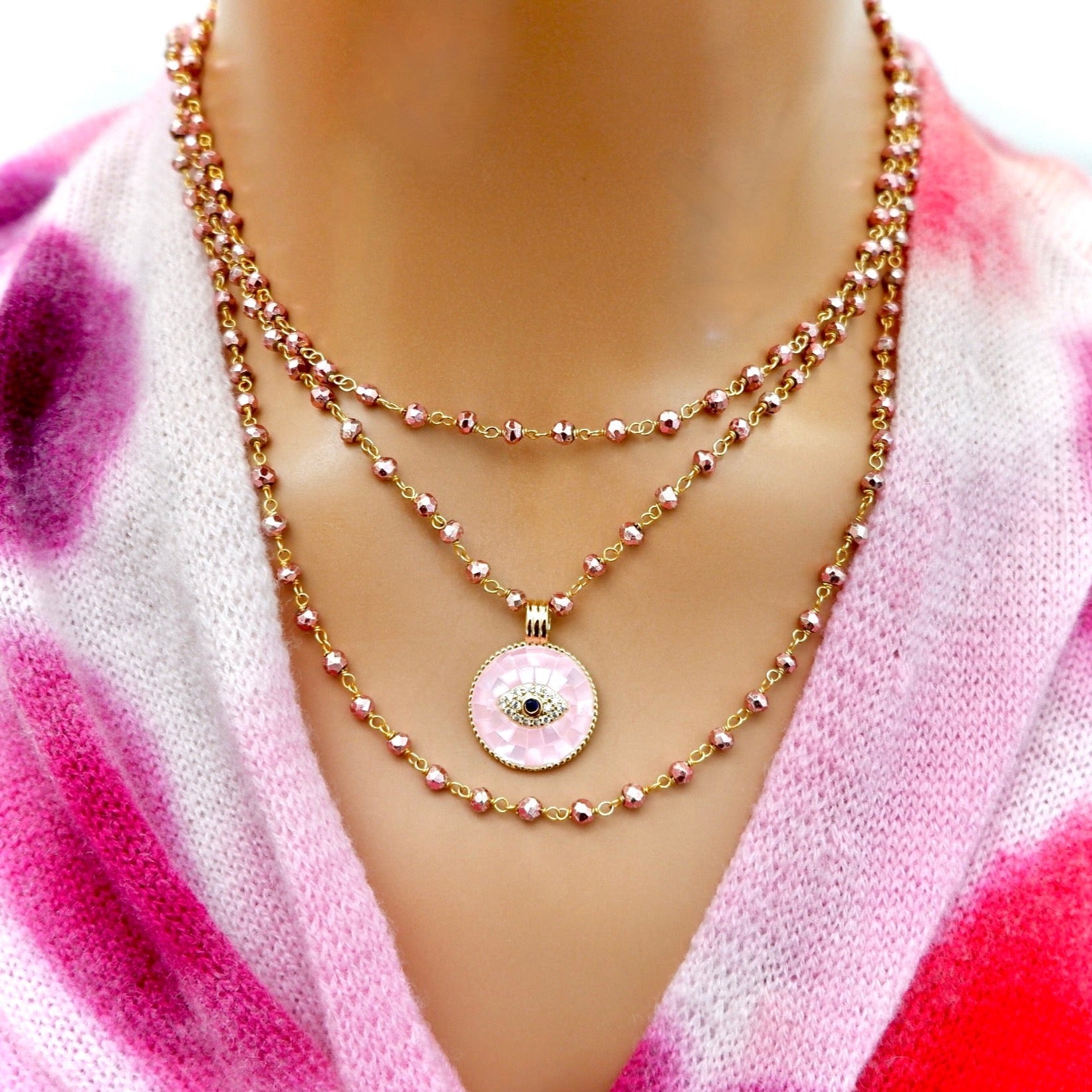 pink shimmer pyrite necklace