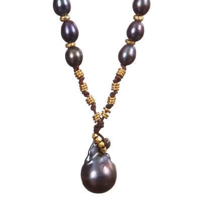 baroque pearl on leather necklace