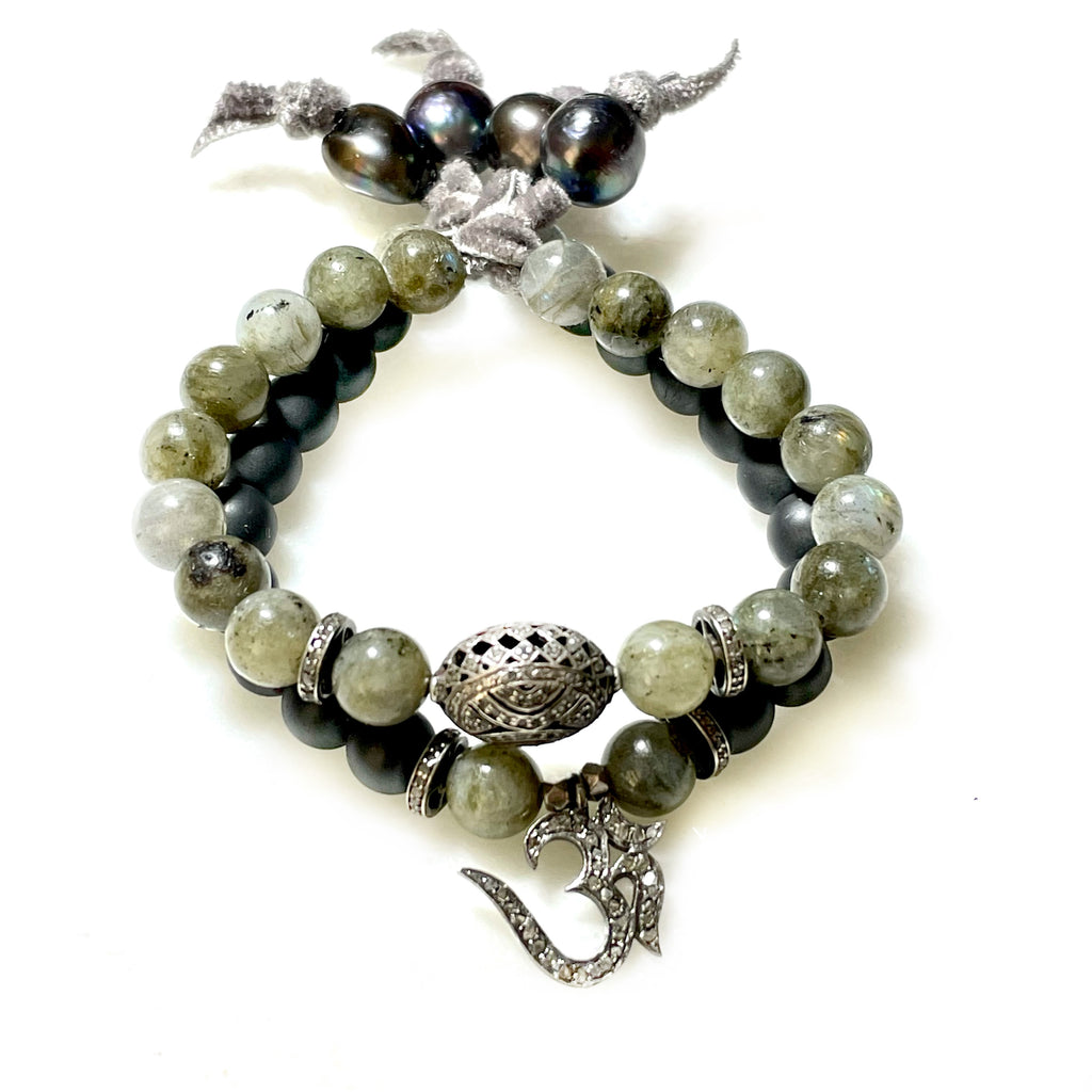 hematite pave diamond om bracelet