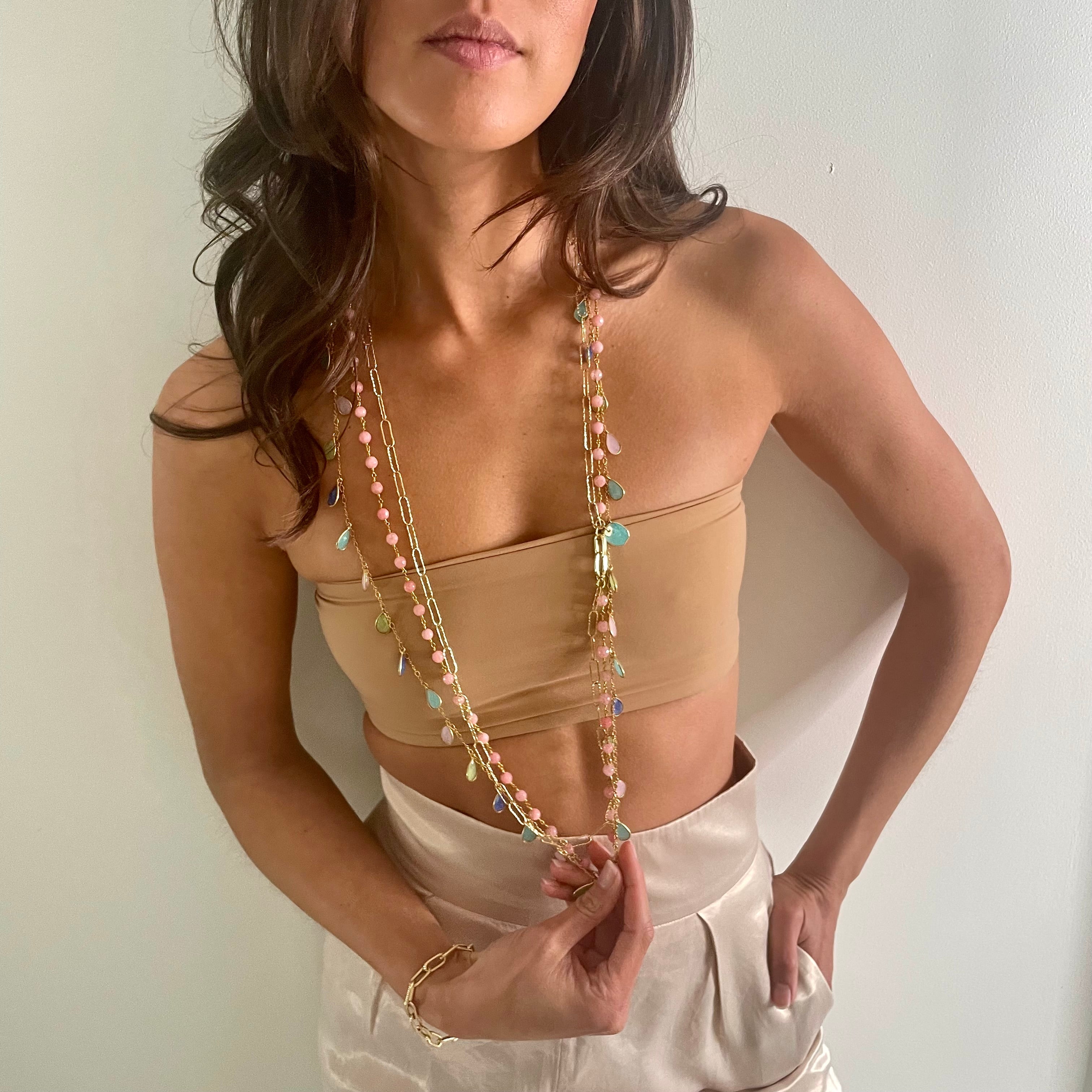 blush gemstones and chain necklace
